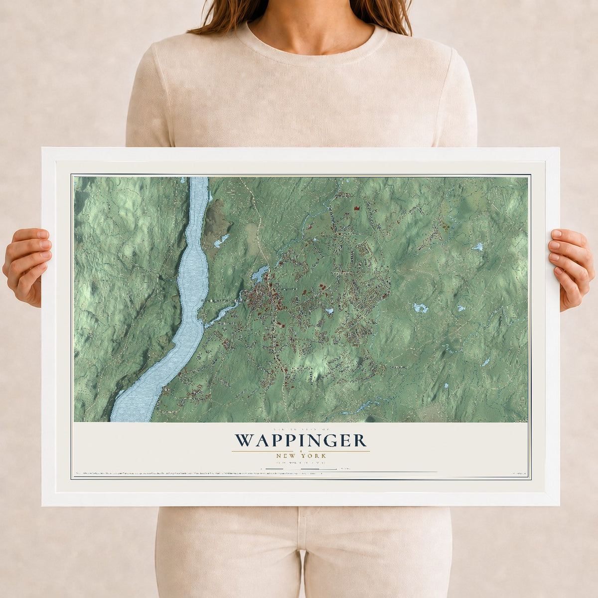 Wappinger, New York map print, 12" x 18" W/ White Ayous Wood Frame mockup
