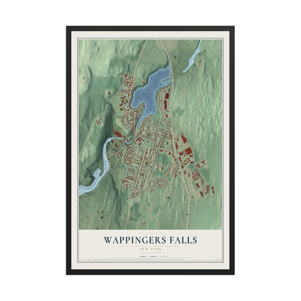 Wappingers Falls, New York map print, 12" x 18" W/ Black Ayous Wood Frame mockup