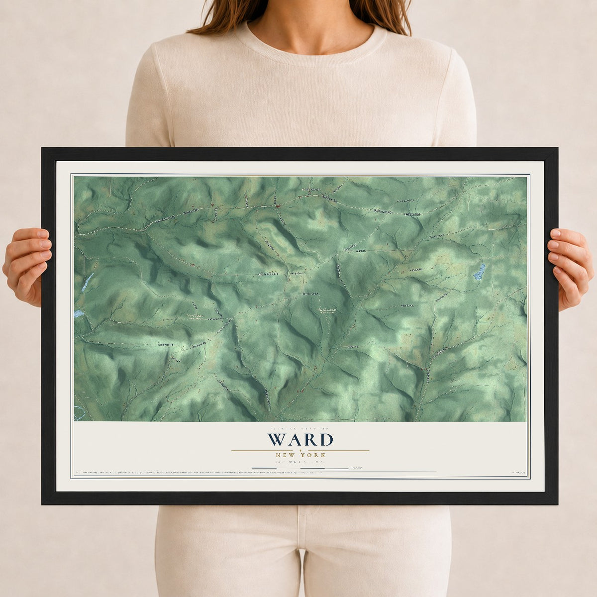 Ward, New York map print, 12" x 18" W/ Black Ayous Wood Frame mockup