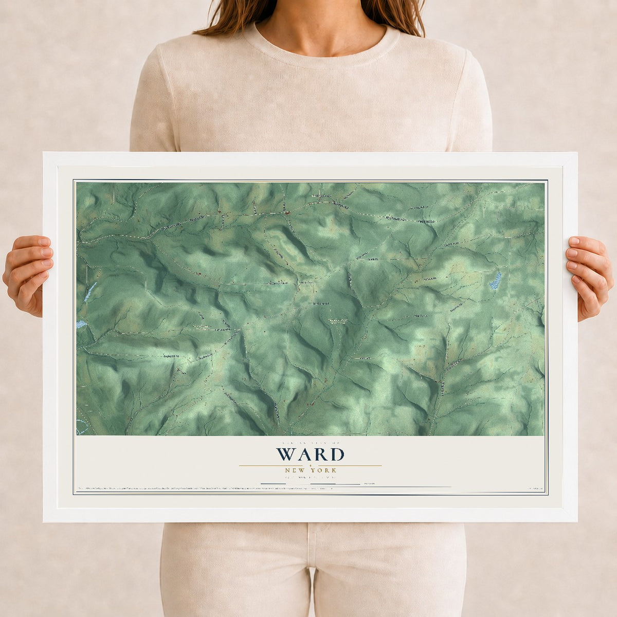 Ward, New York map print, 12" x 18" W/ White Ayous Wood Frame mockup