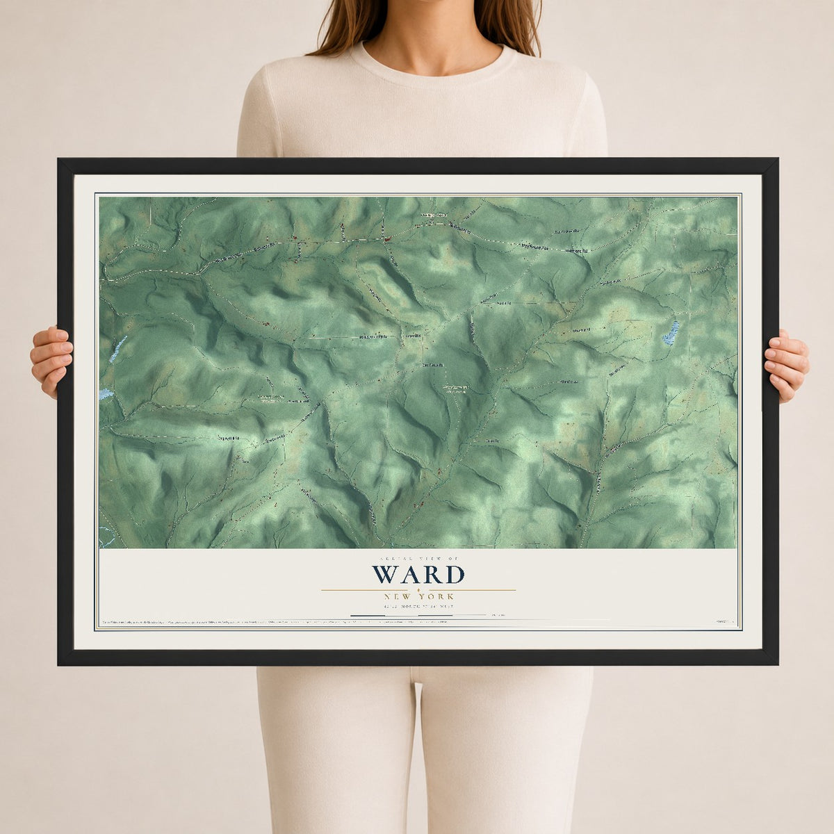Ward, New York map print, 24" x 36" W/ Black Ayous Wood Frame mockup
