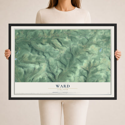 Ward, New York map print, 24" x 36" W/ Black Ayous Wood Frame mockup