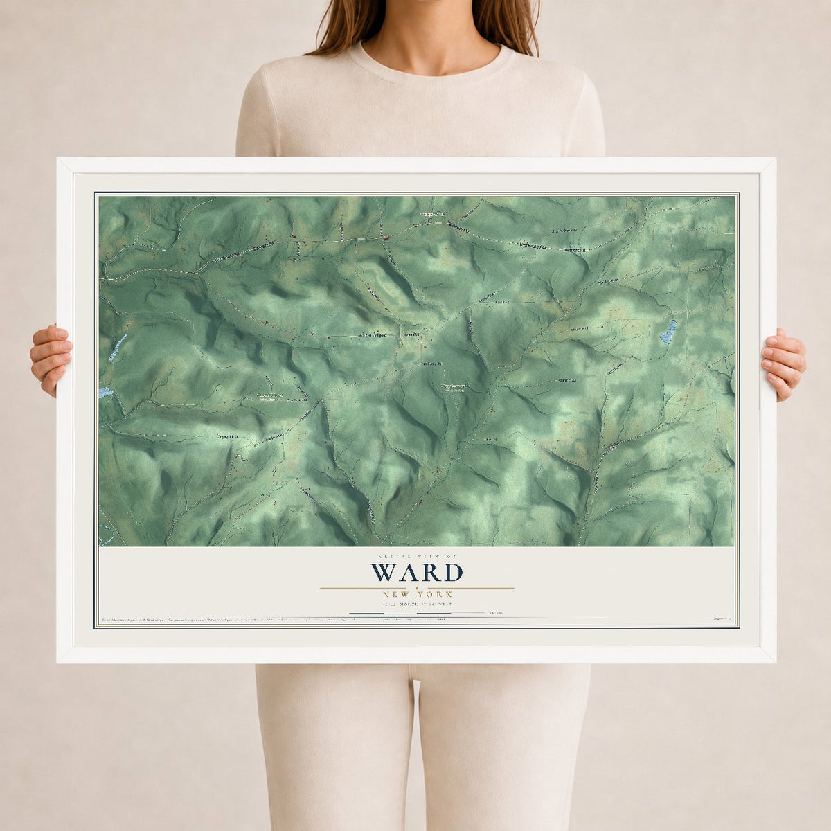 Ward, New York map print, 24" x 36" W/ White Ayous Wood Frame mockup