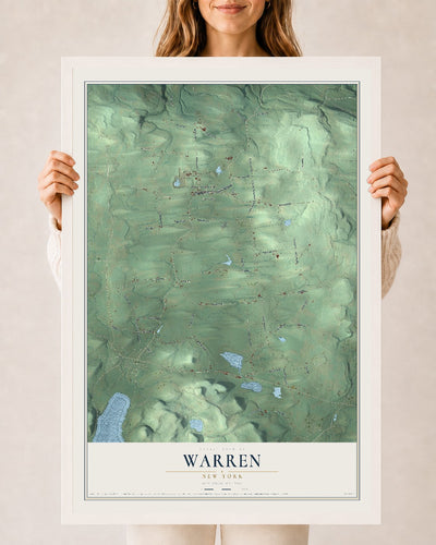 Warren, New York map print, 24" x 36" W/ White Ayous Wood Frame mockup
