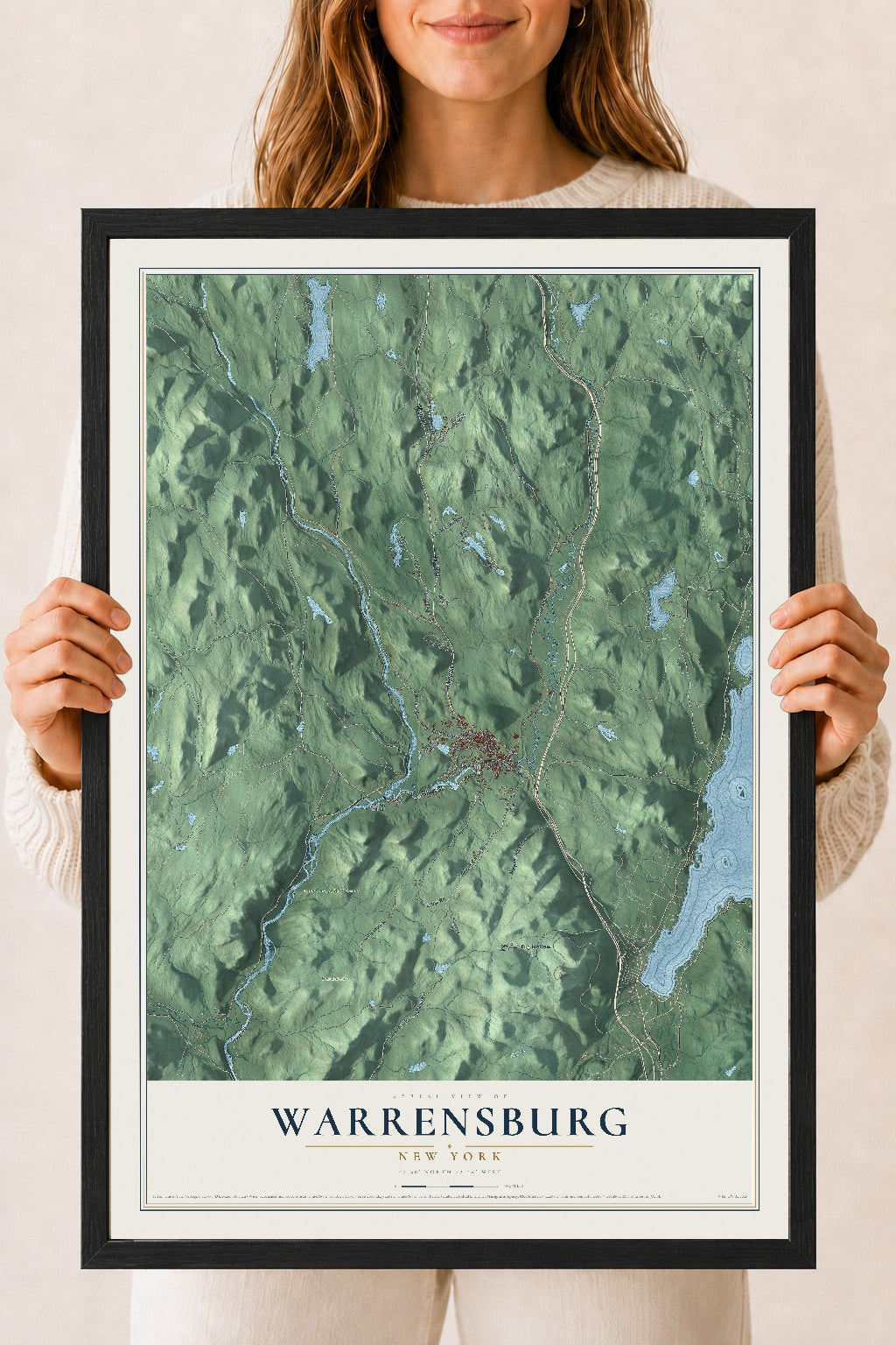 Warrensburg, New York map print, 18" x 24" W/ Black Ayous Wood Frame mockup