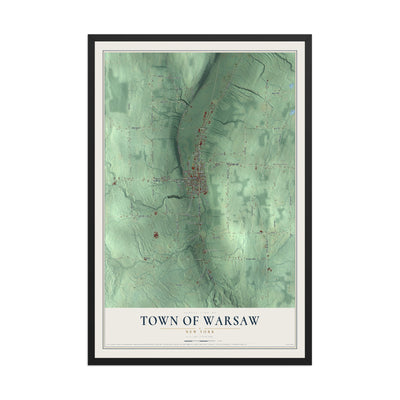 Warsaw, New York map print, 12" x 18" W/ Black Ayous Wood Frame mockup