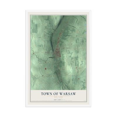 Warsaw, New York map print, 12" x 18" W/ White Ayous Wood Frame mockup