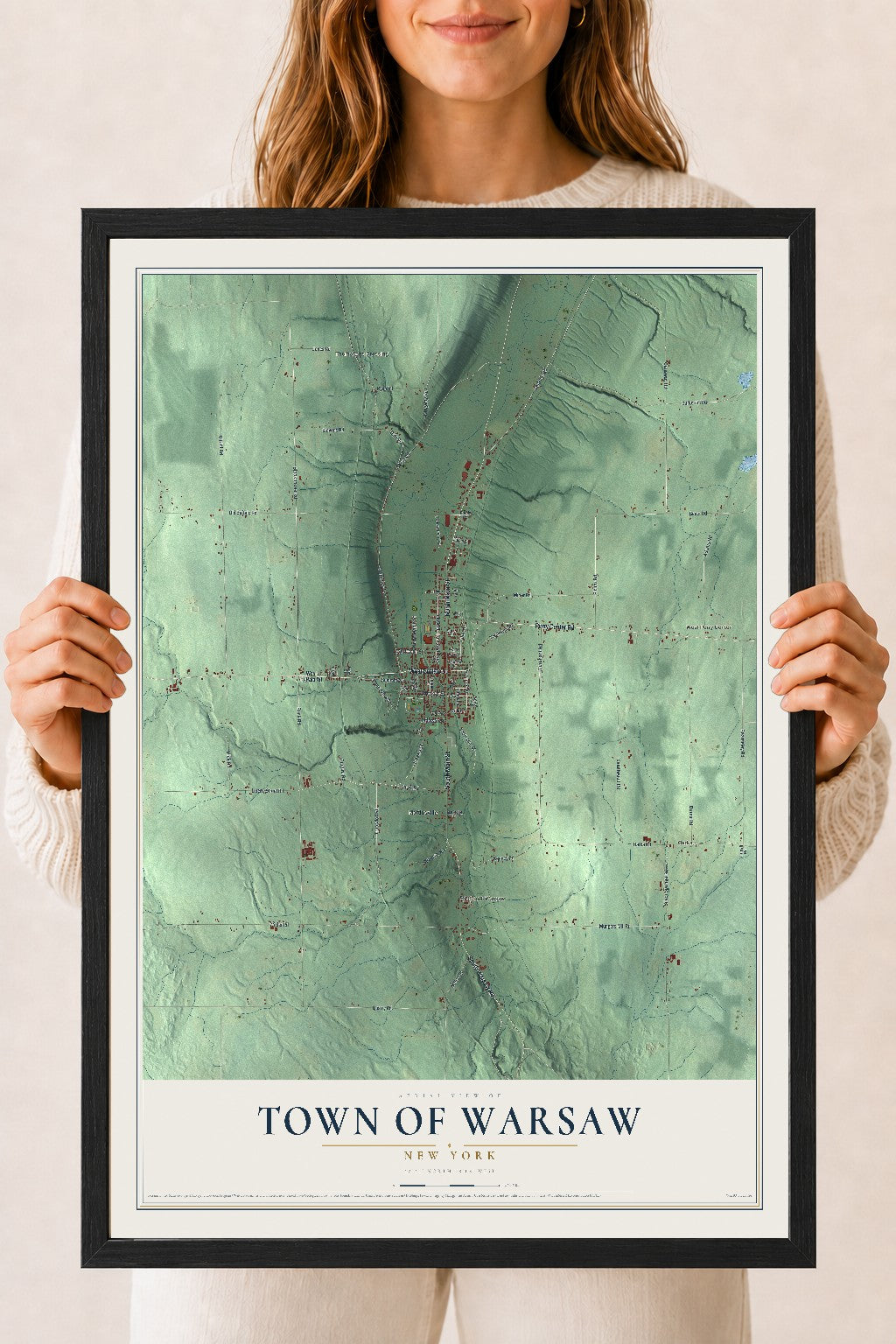 Warsaw, New York map print, 18" x 24" W/ Black Ayous Wood Frame mockup