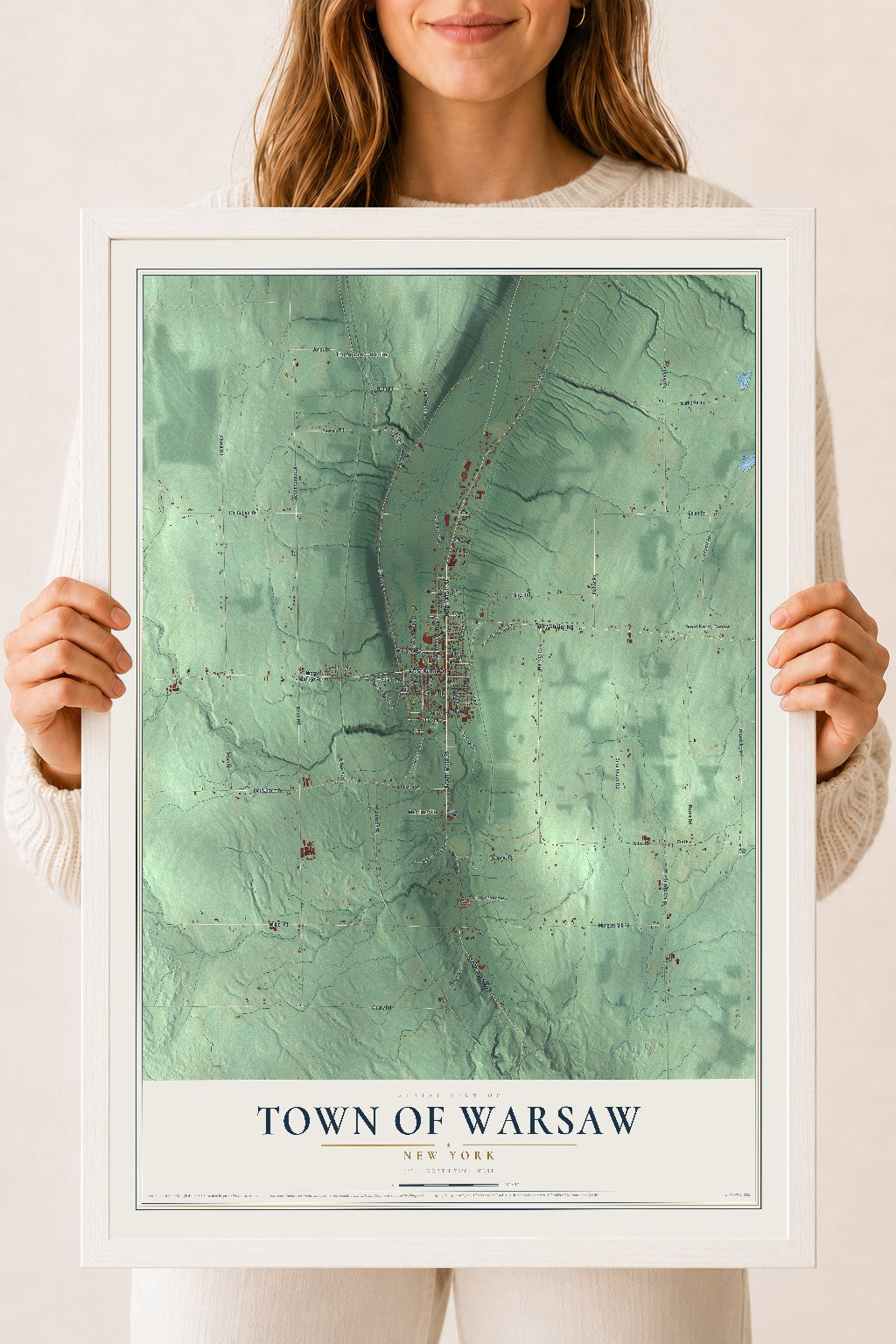 Warsaw, New York map print, 18" x 24" W/ White Ayous Wood Frame mockup