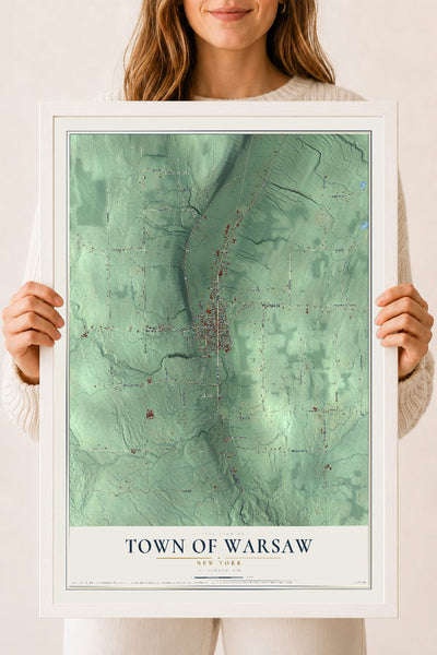 Warsaw, New York map print, 18" x 24" W/ White Ayous Wood Frame mockup