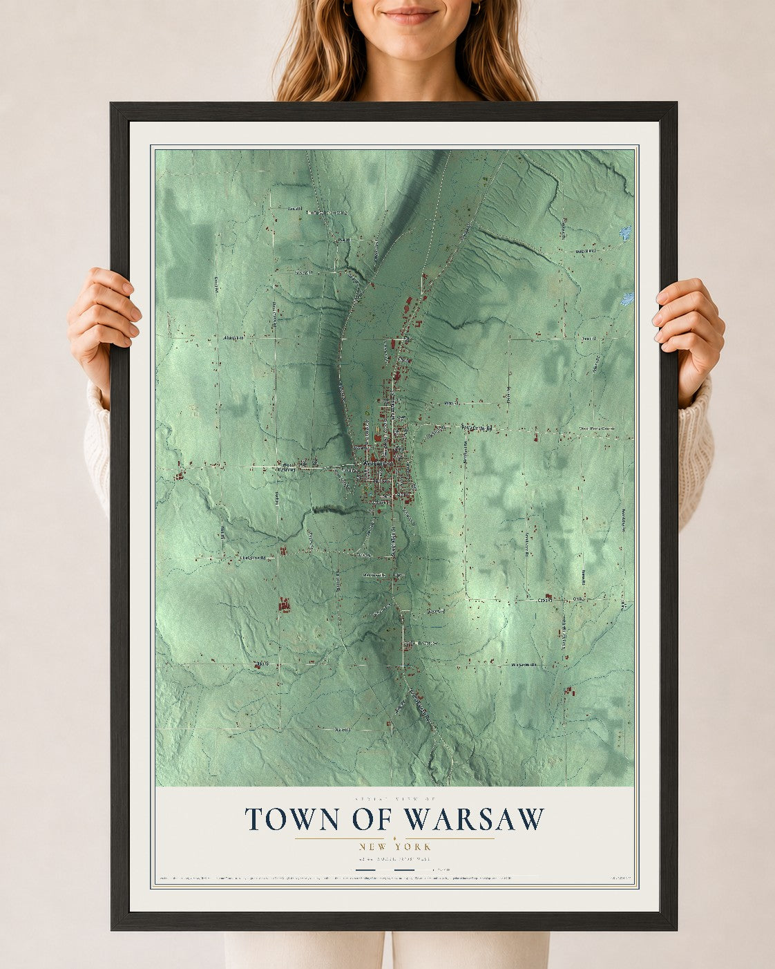 Warsaw, New York map print, 24" x 36" W/ Black Ayous Wood Frame mockup