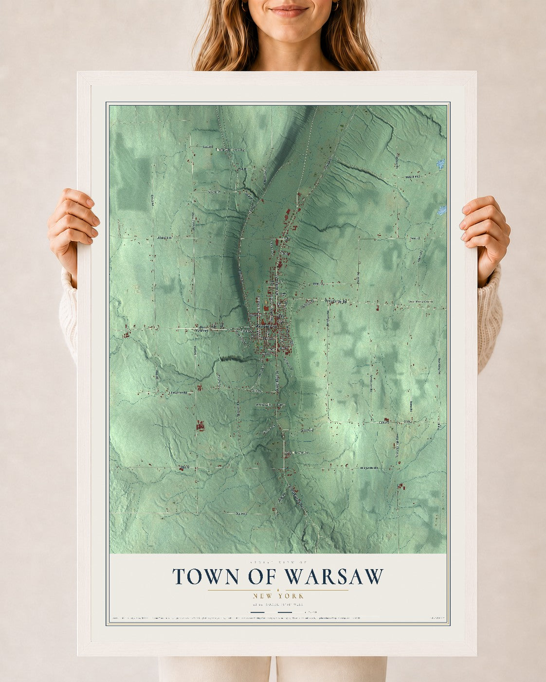 Warsaw, New York map print, 24" x 36" W/ White Ayous Wood Frame mockup