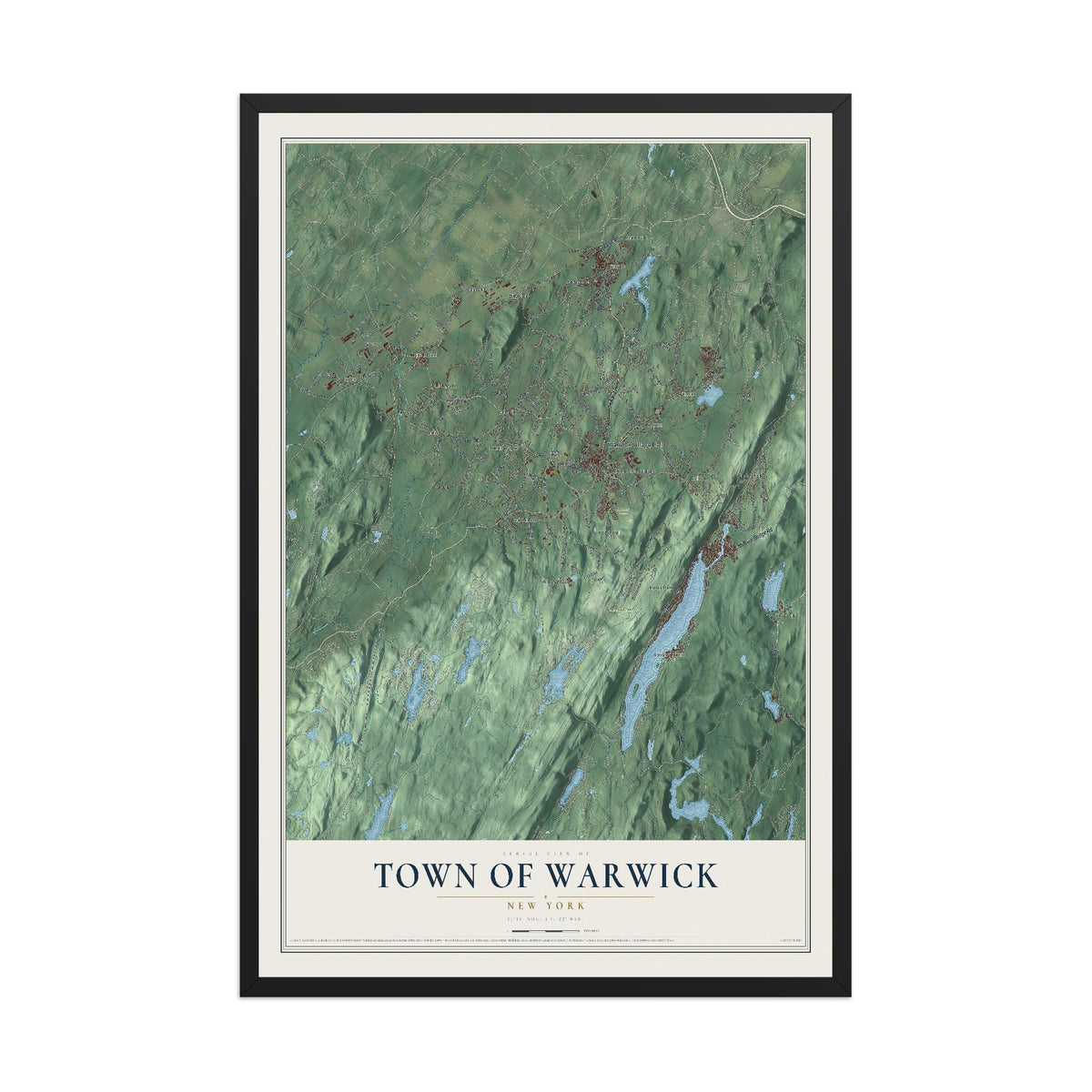 Warwick, New York map print, 12" x 18" W/ Black Ayous Wood Frame mockup