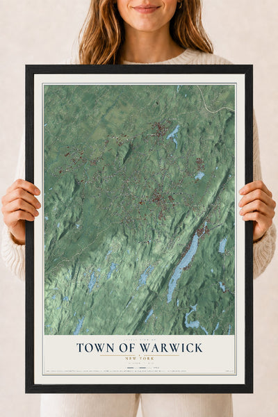 Warwick, New York map print, 18" x 24" W/ Black Ayous Wood Frame mockup