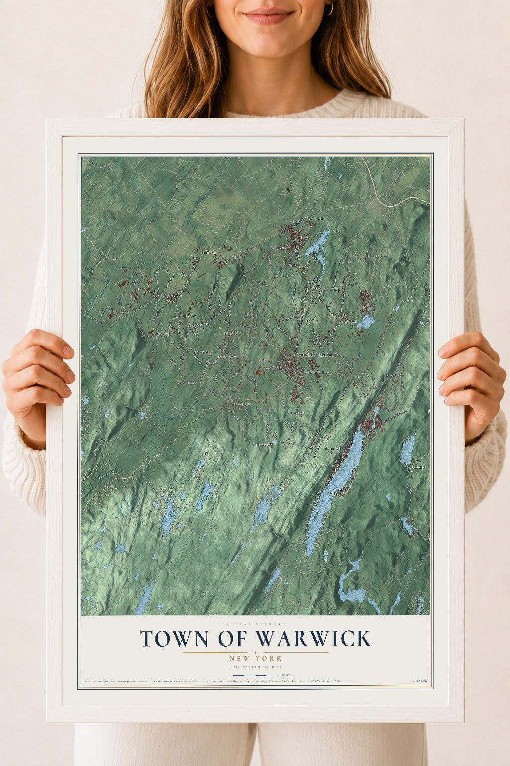 Warwick, New York map print, 18" x 24" W/ White Ayous Wood Frame mockup