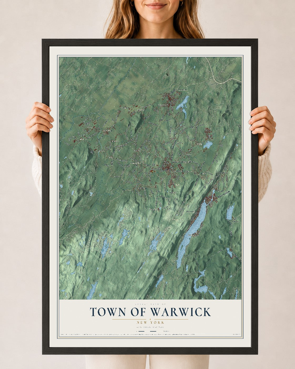 Warwick, New York map print, 24" x 36" W/ Black Ayous Wood Frame mockup