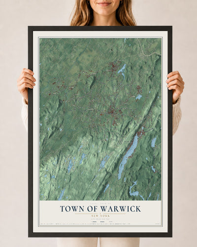 Warwick, New York map print, 24" x 36" W/ Black Ayous Wood Frame mockup