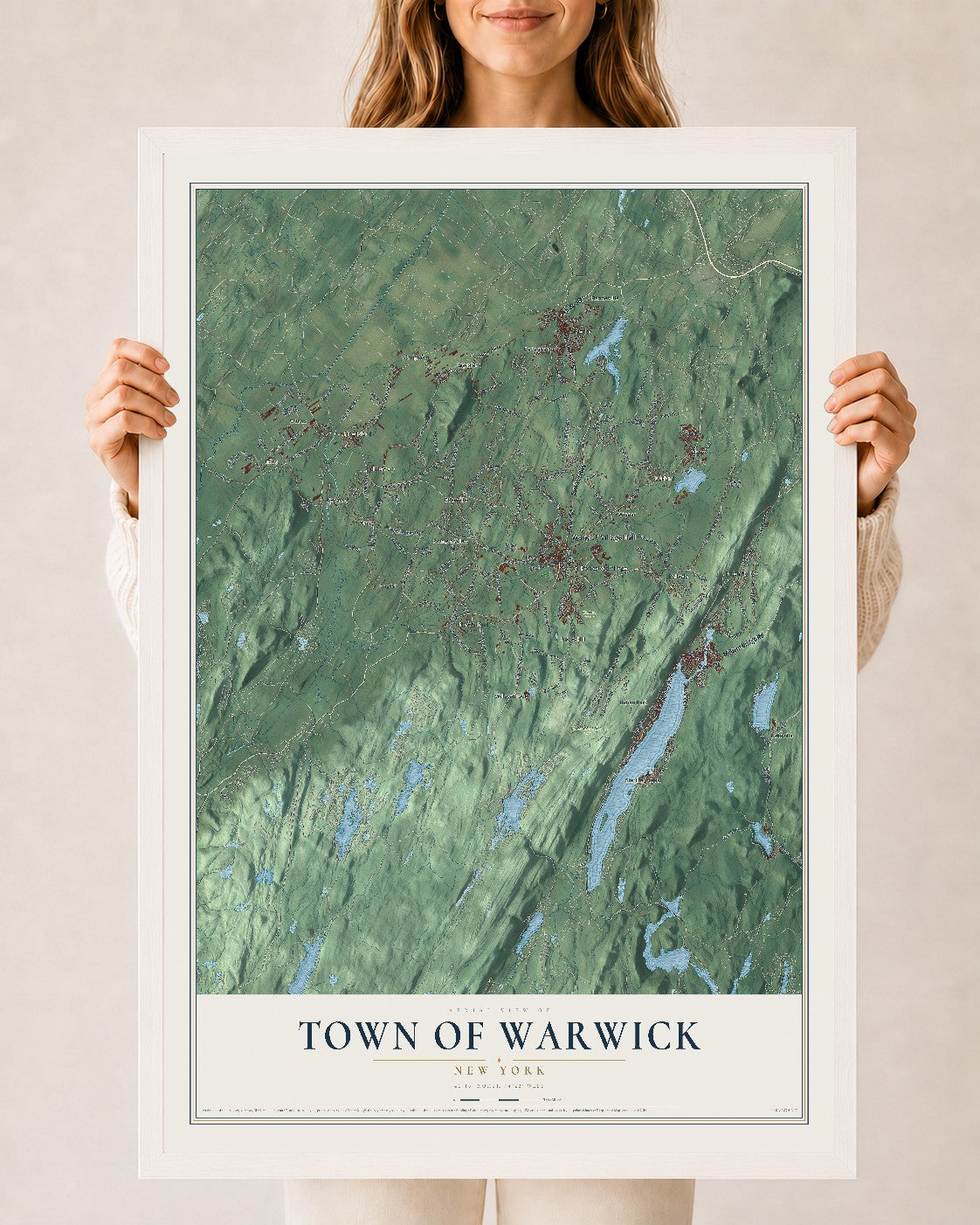 Warwick, New York map print, 24" x 36" W/ White Ayous Wood Frame mockup
