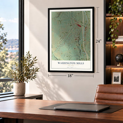 Washington Mills, New York map, 18 x 24 inch print in a black frame in a home office