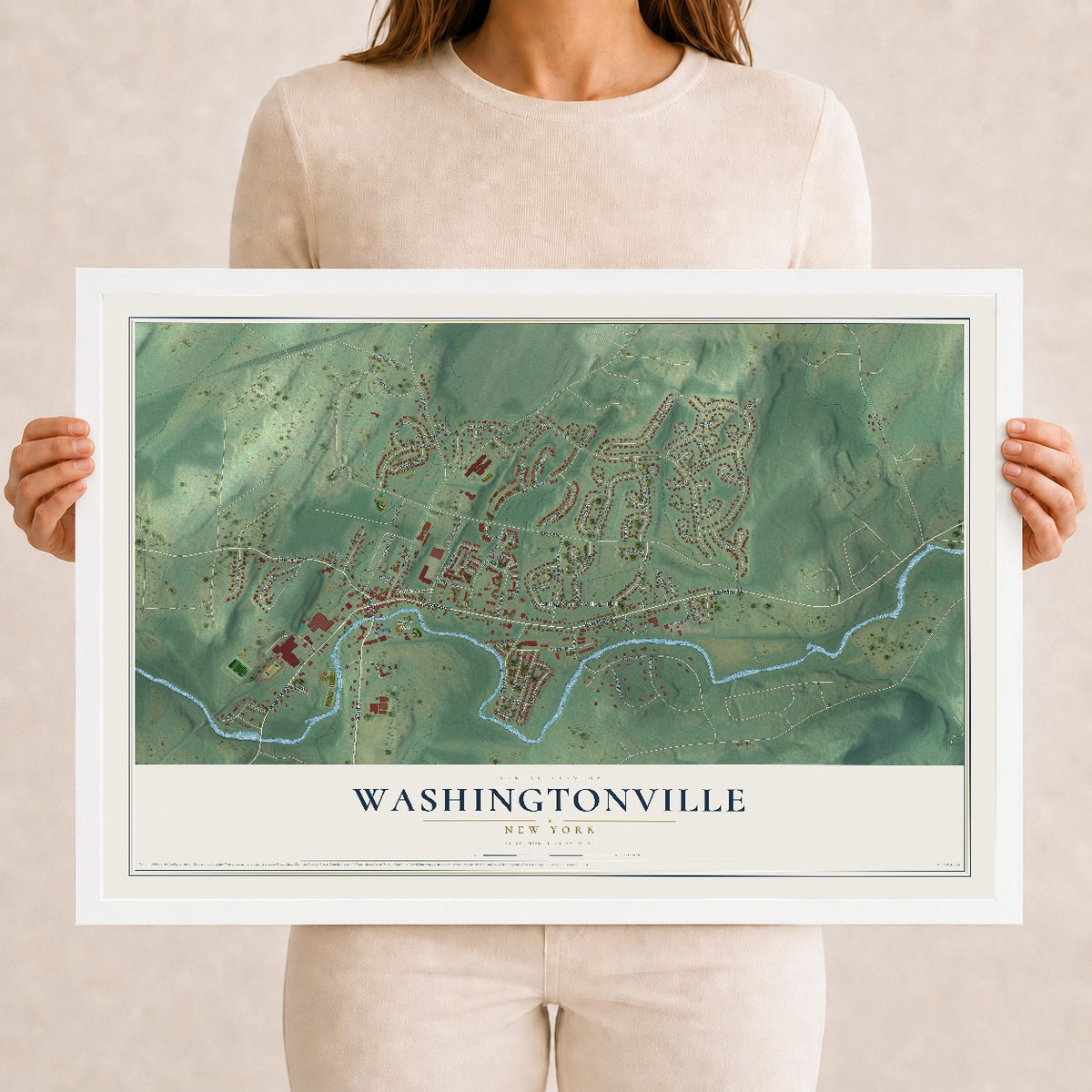 Washingtonville, New York map print, 12" x 18" W/ White Ayous Wood Frame mockup
