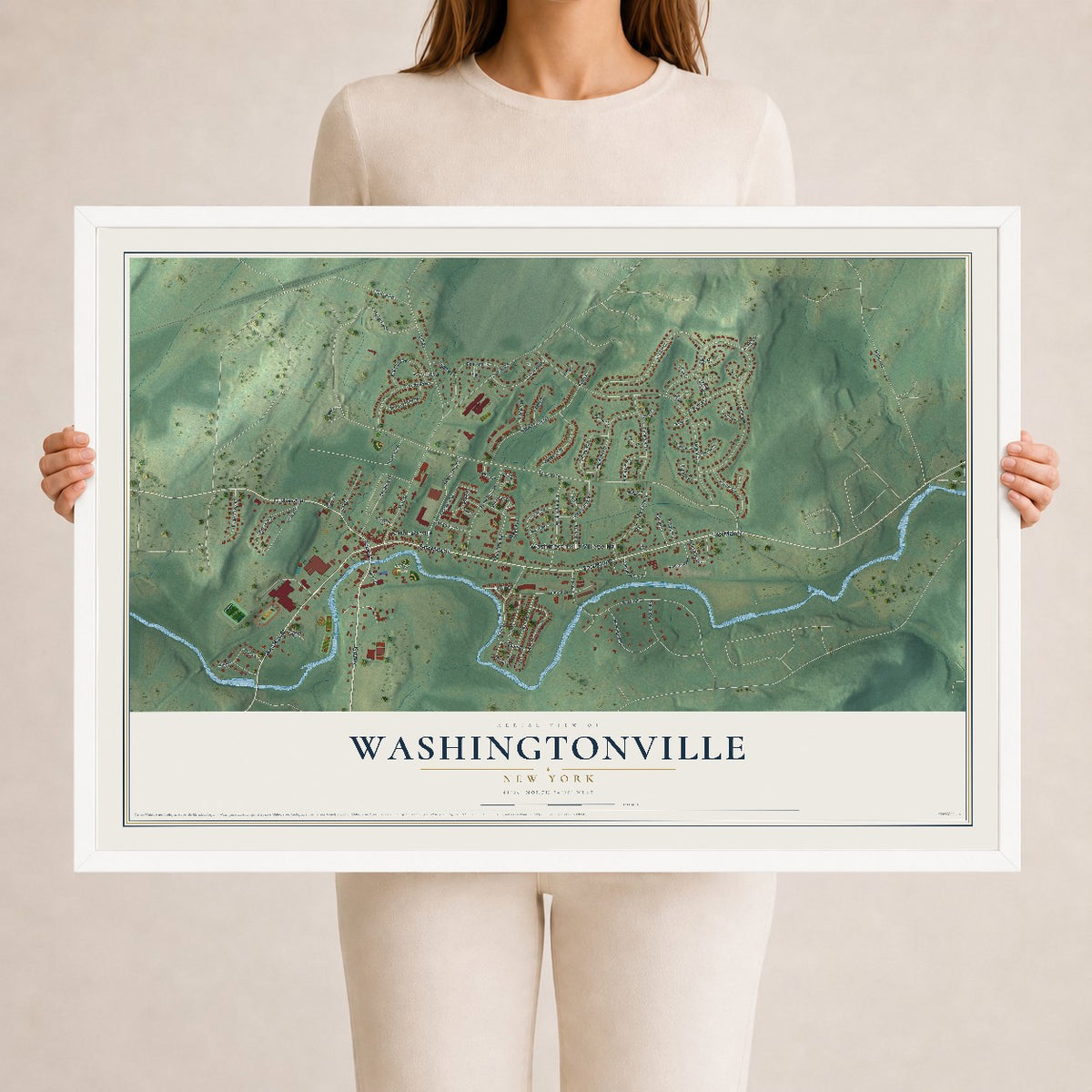 Washingtonville, New York map print, 24" x 36" W/ White Ayous Wood Frame mockup