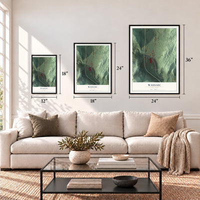 Wassaic, New York map in 12 x 18, 18 x 24 and 24 x 36 inch sizes above a sofa