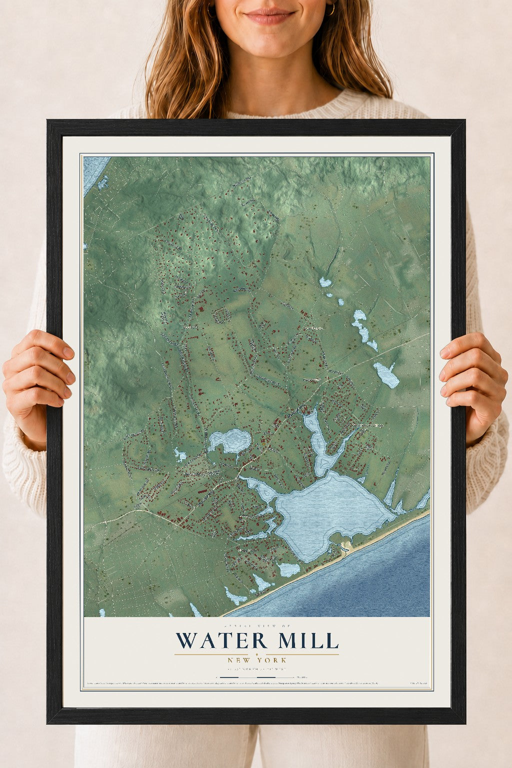Water Mill, New York map print, 18" x 24" W/ Black Ayous Wood Frame mockup