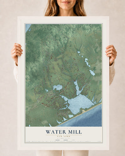 Water Mill, New York map print, 24" x 36" W/ White Ayous Wood Frame mockup