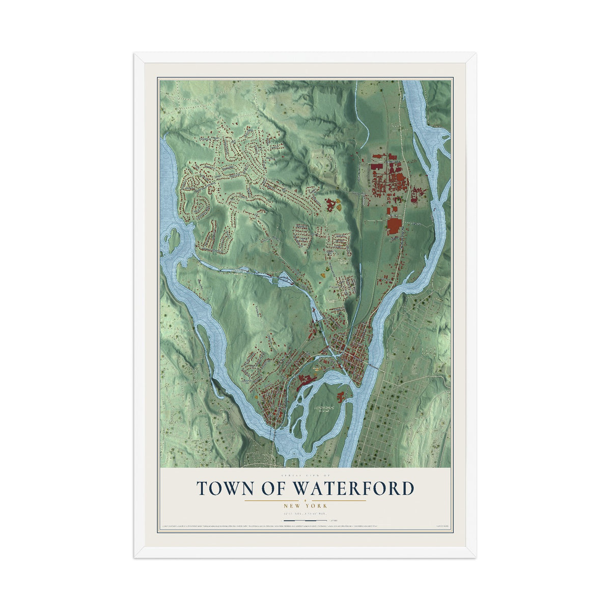 Waterford, New York map print, 12" x 18" W/ White Ayous Wood Frame mockup