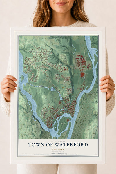 Waterford, New York map print, 18" x 24" W/ White Ayous Wood Frame mockup