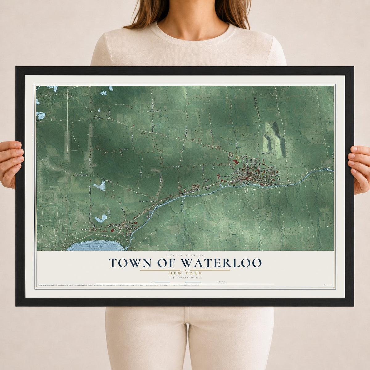 Waterloo, New York map print, 18" x 24" W/ Black Ayous Wood Frame mockup