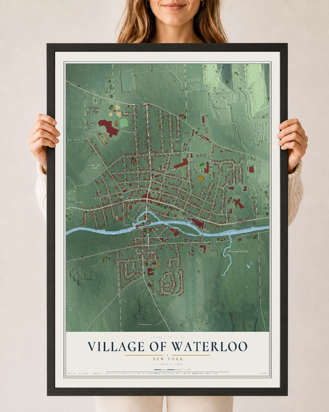 Waterloo, New York map print, 24" x 36" W/ Black Ayous Wood Frame mockup