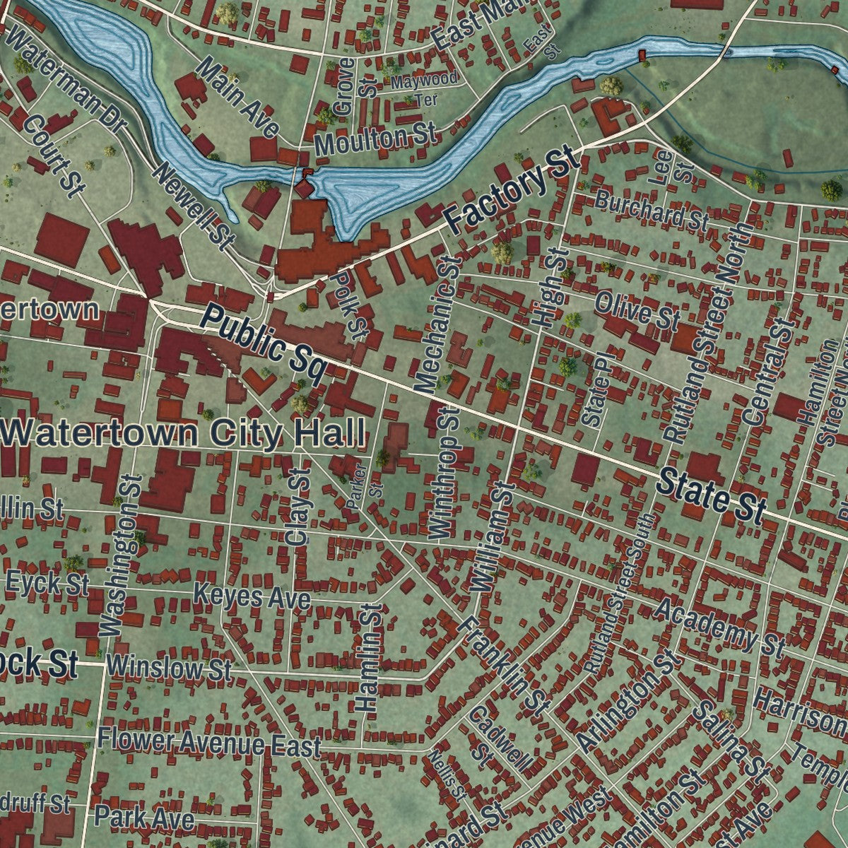 Close-up 1 of the Watertown, New York map artwork