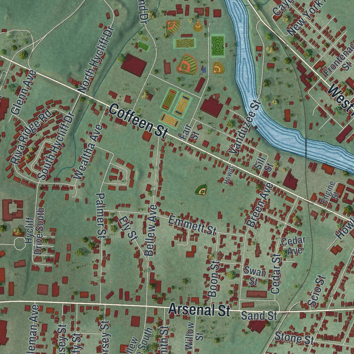 Close-up 2 of the Watertown, New York map artwork