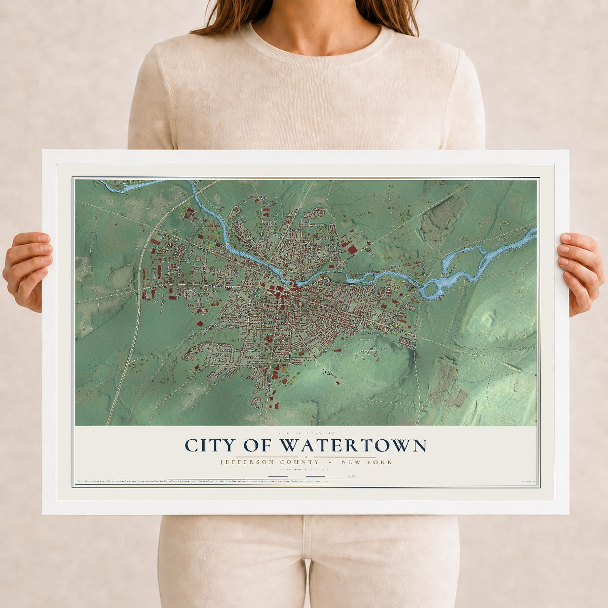 Watertown, New York map print, 12" x 18" W/ White Ayous Wood Frame mockup