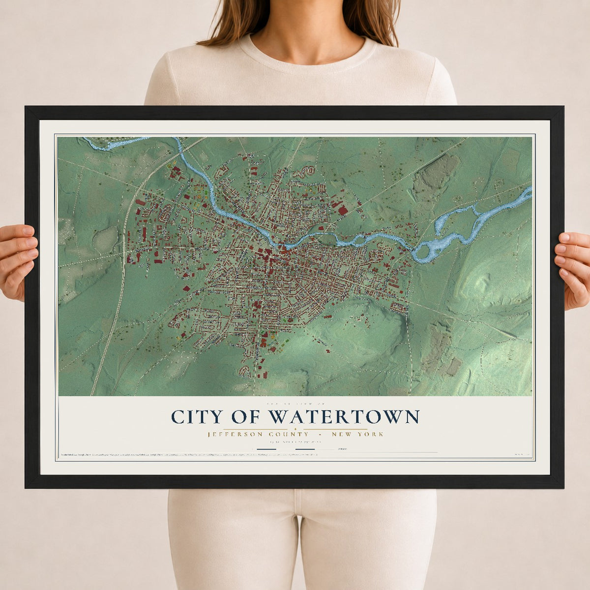 Watertown, New York map print, 18" x 24" W/ Black Ayous Wood Frame mockup