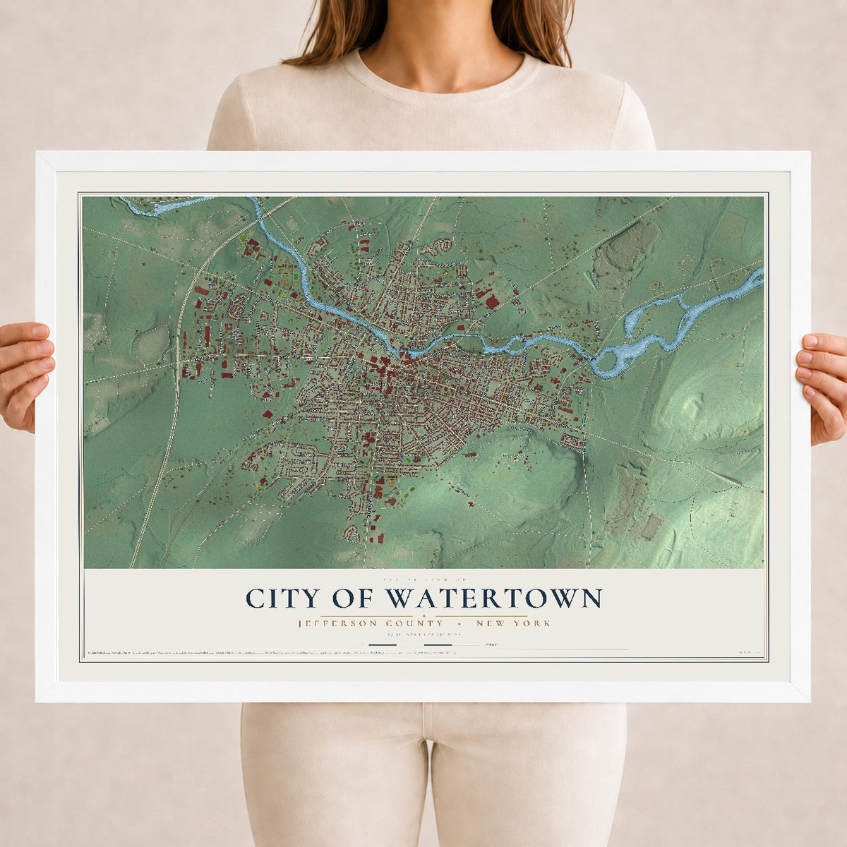 Watertown, New York map print, 18" x 24" W/ White Ayous Wood Frame mockup