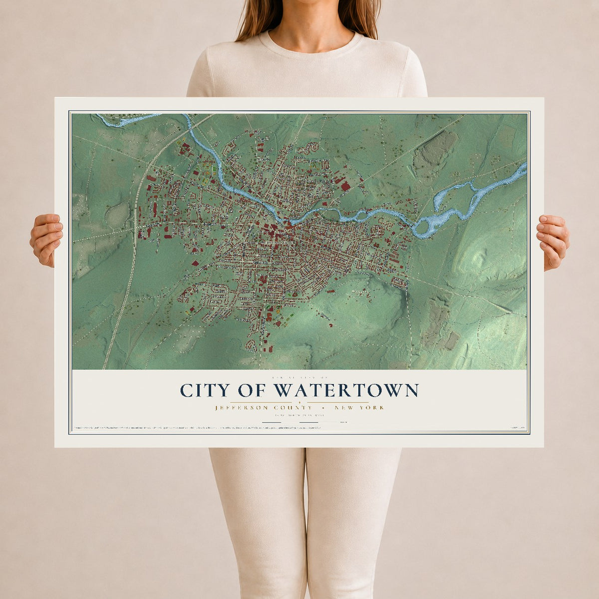Watertown, New York map print, 24" x 36" Archival Matte Print mockup