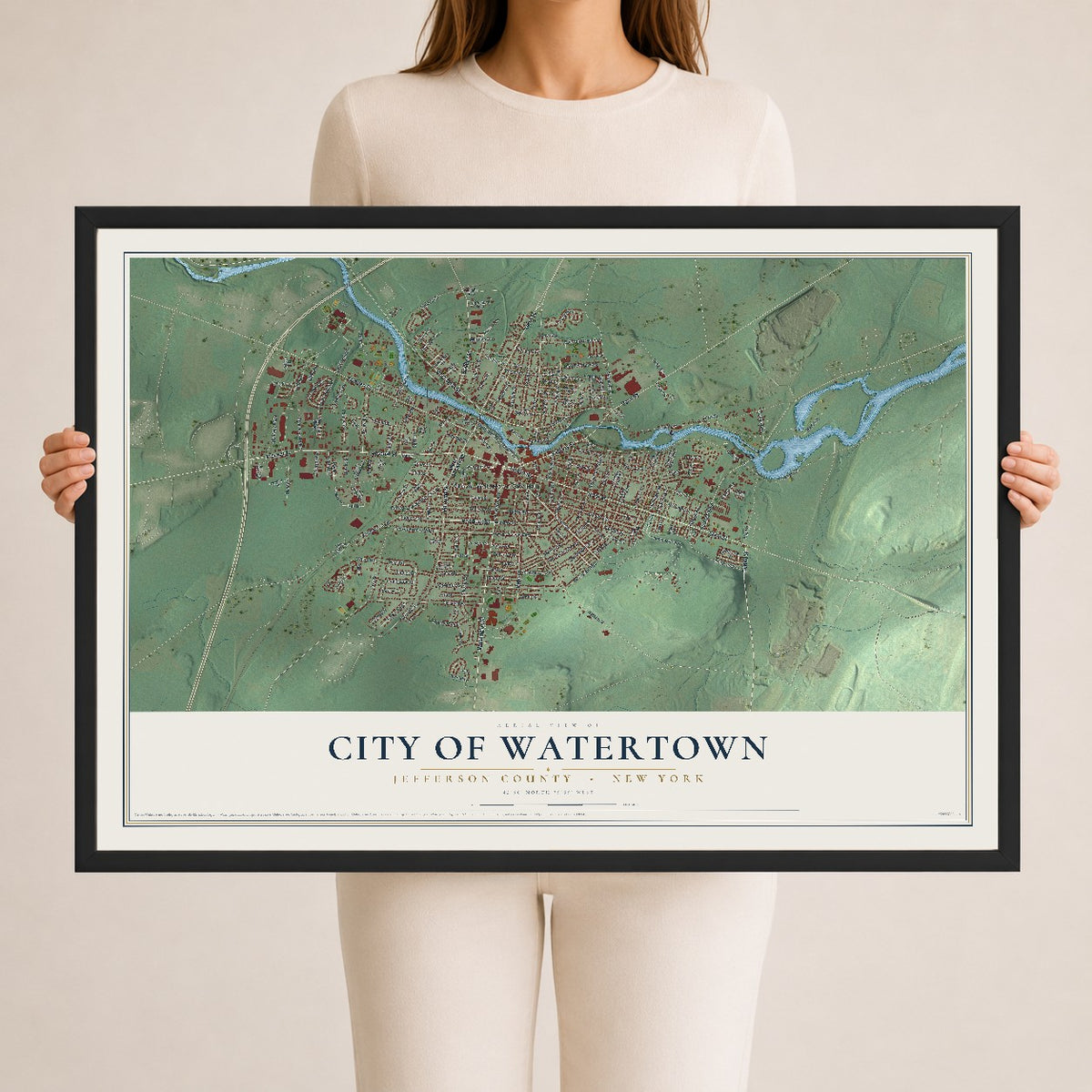 Watertown, New York map print, 24" x 36" W/ Black Ayous Wood Frame mockup