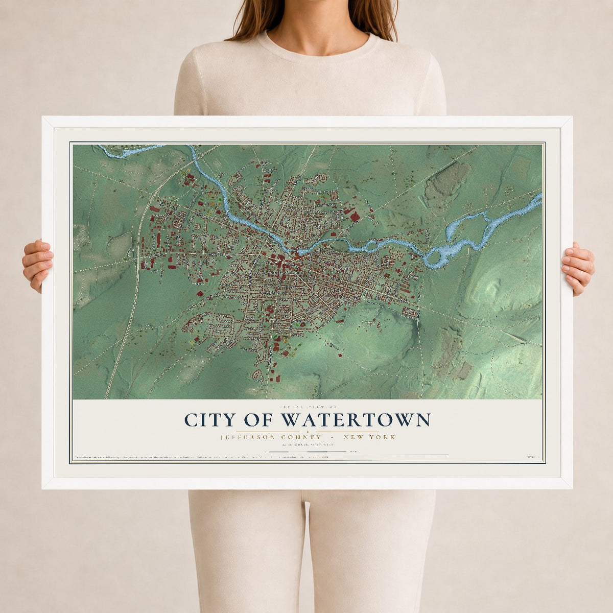 Watertown, New York map print, 24" x 36" W/ White Ayous Wood Frame mockup