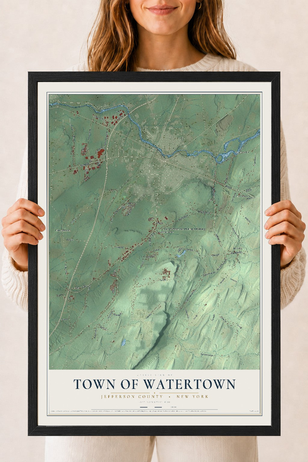 Watertown, New York map print, 18" x 24" W/ Black Ayous Wood Frame mockup