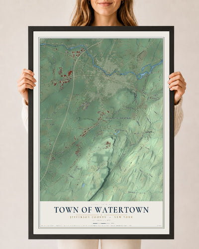 Watertown, New York map print, 24" x 36" W/ Black Ayous Wood Frame mockup