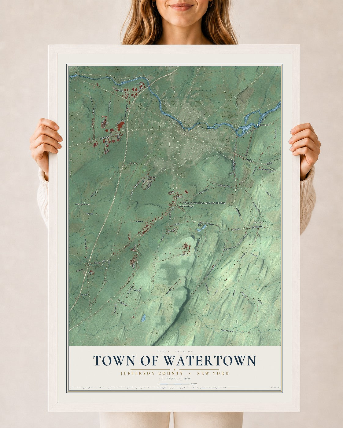 Watertown, New York map print, 24" x 36" W/ White Ayous Wood Frame mockup
