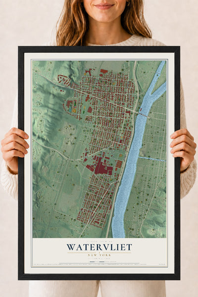 Watervliet, New York map print, 18" x 24" W/ Black Ayous Wood Frame mockup
