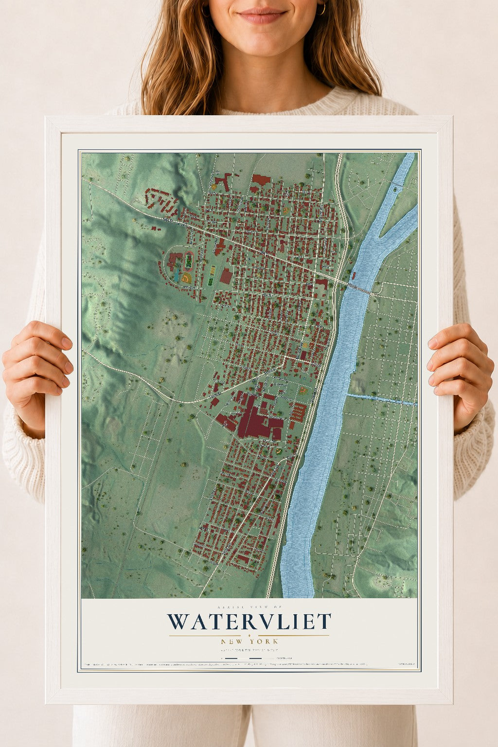 Watervliet, New York map print, 18" x 24" W/ White Ayous Wood Frame mockup