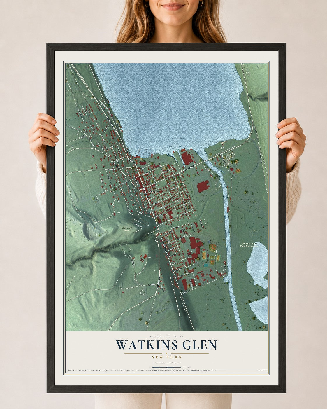 Watkins Glen, New York map print, 24" x 36" W/ Black Ayous Wood Frame mockup