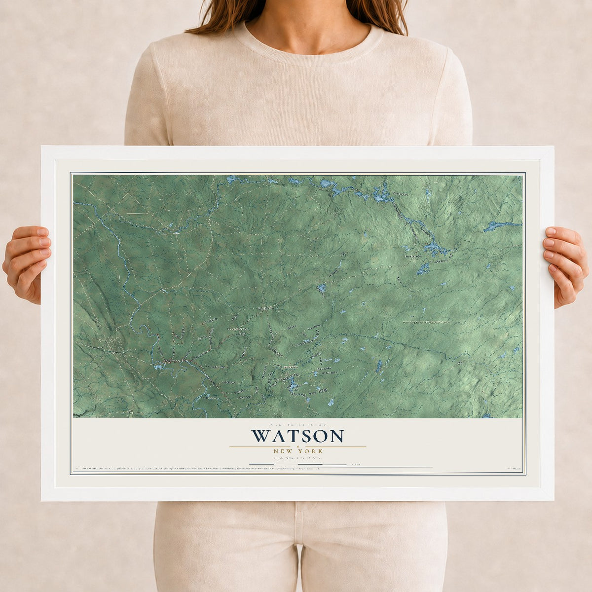 Watson, New York map print, 12" x 18" W/ White Ayous Wood Frame mockup