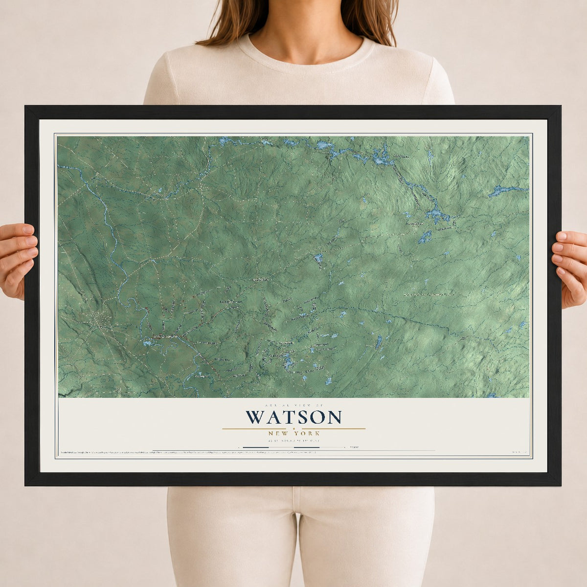 Watson, New York map print, 18" x 24" W/ Black Ayous Wood Frame mockup