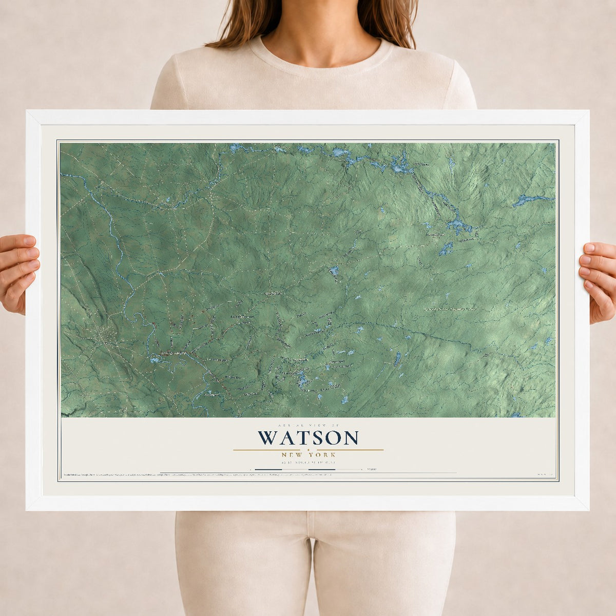 Watson, New York map print, 18" x 24" W/ White Ayous Wood Frame mockup