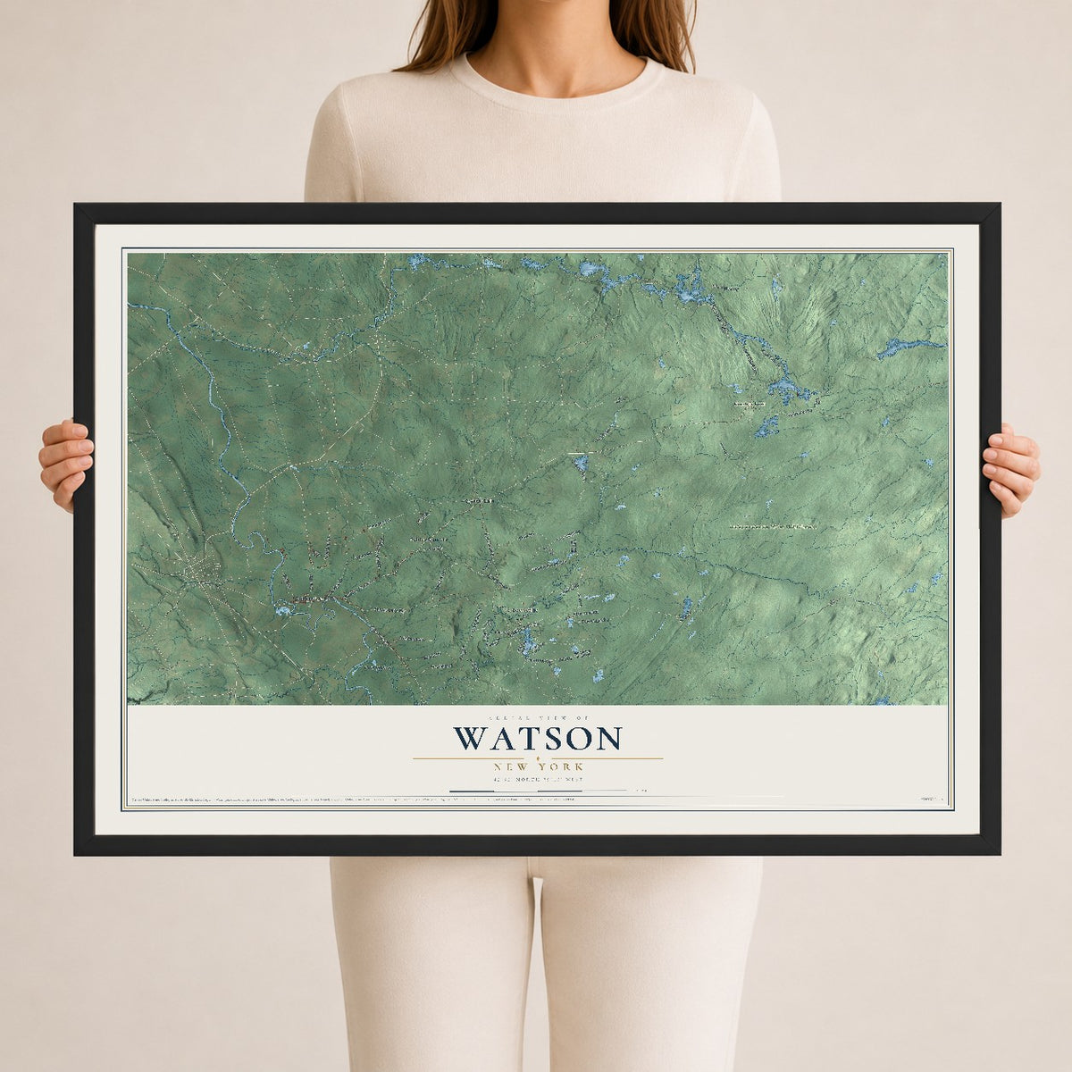 Watson, New York map print, 24" x 36" W/ Black Ayous Wood Frame mockup